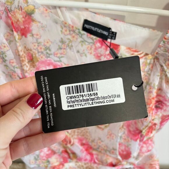 PrettyLittleThing One Shoulder Draped Chiffon Bodycon Dress Pink Floral Sz 6NWT - Picture 8 of 12